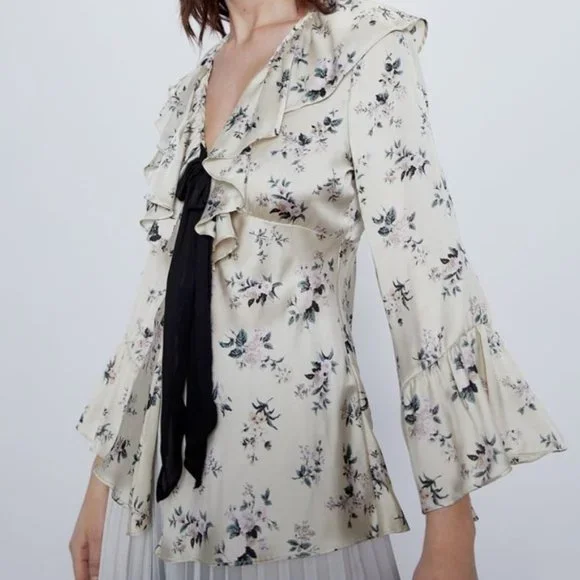 Zara Tied Floral Print Blouse S - Picture 6 of 6